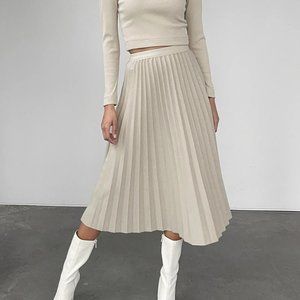 Oak + Fort Pleated Midi Skirt (Beige) - NWOT